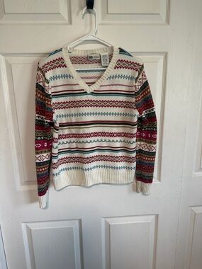 Faded Glory Cream V-Neck Fair Isle Sweater with Red & Teal Accents